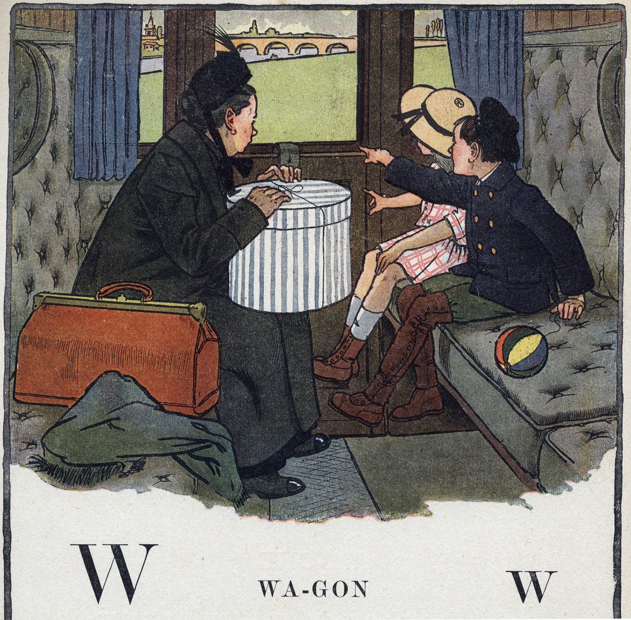 Libro infantil “Yo leeré - Alfabeto metódico y divertido por un papá” 1926. Ilustración de Robert Salles (1871-1929). Abecedario: letra W como Vagón. Dos niños con su madre viajan en un compartimento de tren. de Robert Salles