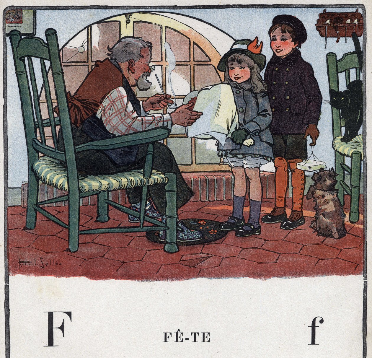 Libro infantil “Yo leeré - Alfabeto metódico y divertido por un papá” 1926. Ilustración de Robert Salles (1871-1929). Abecedario: letra F como Fiesta. Una niña y un niño ofrecen regalos para la fiesta de su abuelo. de Robert Salles