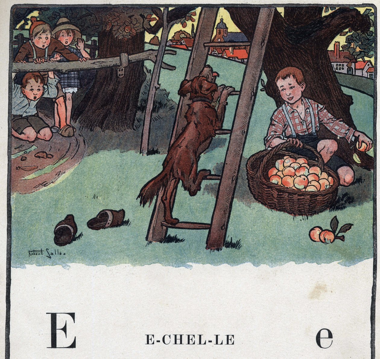 Libro infantil “Yo leeré - Alfabeto metódico y divertido por un papá” 1926. Ilustración de Robert Salles (1871-1929). Abecedario: letra E como Escalera. Un perro sube por la escalera apoyada contra un manzano. de Robert Salles