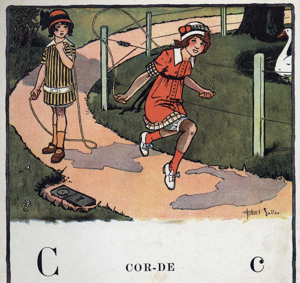 Libro infantil “Yo leeré - Alfabeto metódico y divertido por un papá” 1926. Ilustración de Robert Salles (1871-1929). Abecedario: letra C como Cuerda. Dos niñas juegan a saltar la cuerda. de Robert Salles