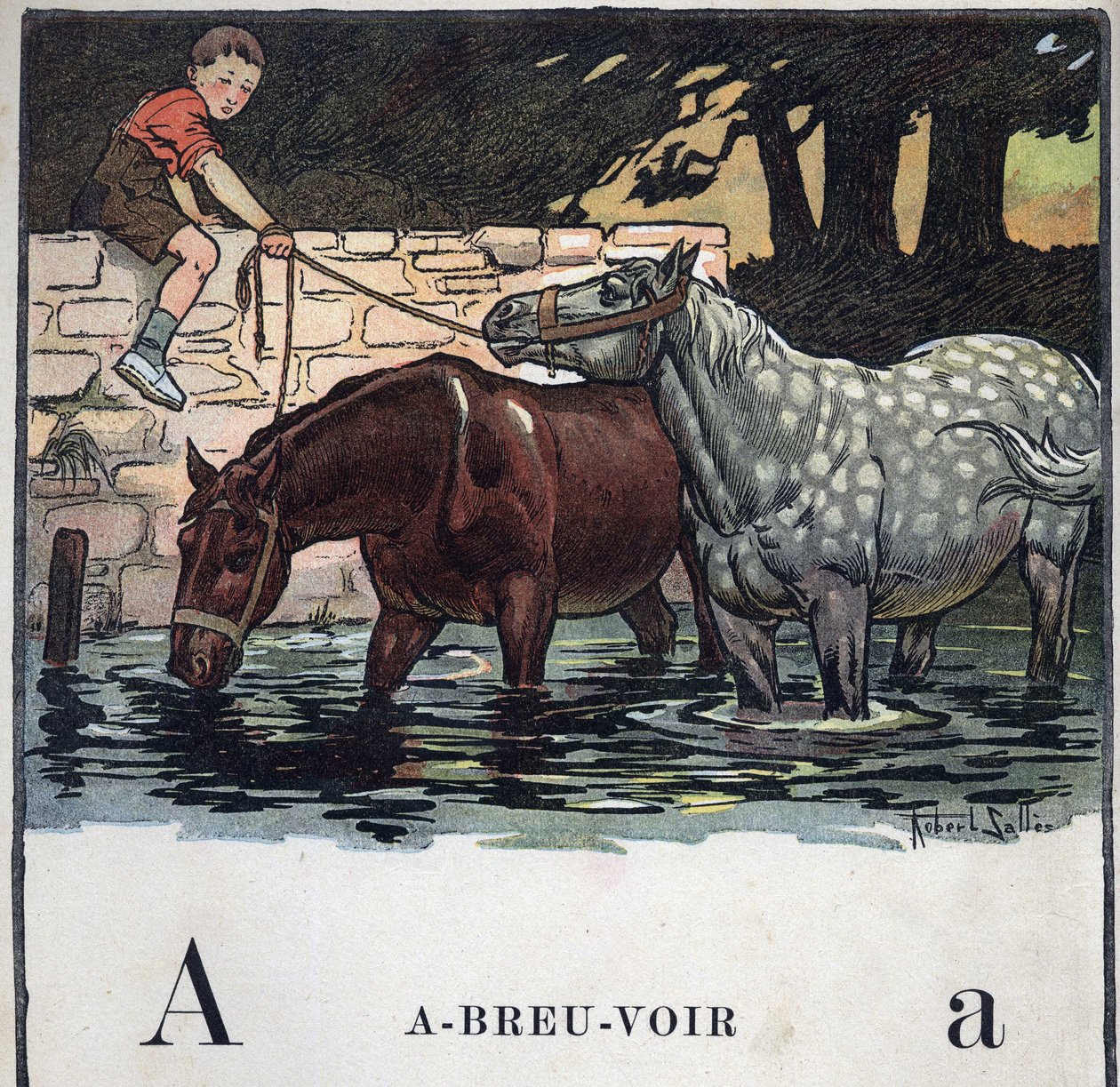 Libro infantil “Yo leeré - Alfabeto metódico y divertido por un papá” 1926. Ilustración de Robert Salles (1871-1929). Abecedario: letra A como Agua Potable. Dos caballos beben agua. de Robert Salles