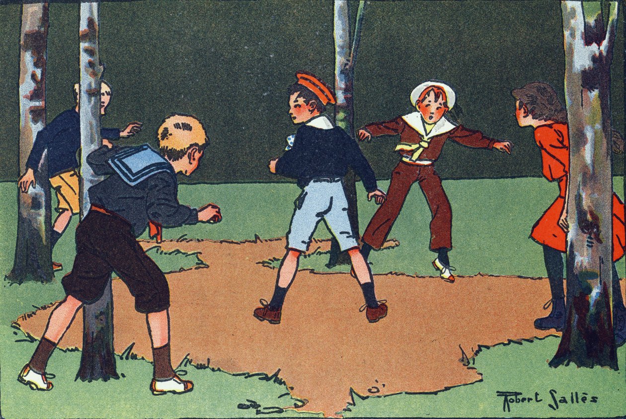 Cuatro esquinas. Grabado en "¿A qué jugamos?" de E. Weber con dibujos acuarelados de Robert Salles (1871-1929). Librería Garnier Freres, París de Robert Salles