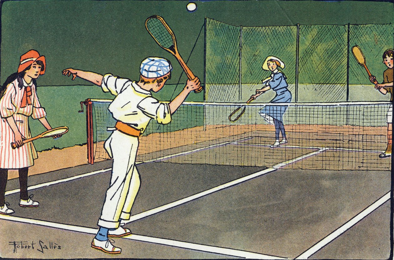 Tenis en el césped. Grabado en "¿A qué jugamos?" de E. Weber con dibujos acuarelados de Robert Salles (1871-1929). Librería Garnier Freres, París de Robert Salles