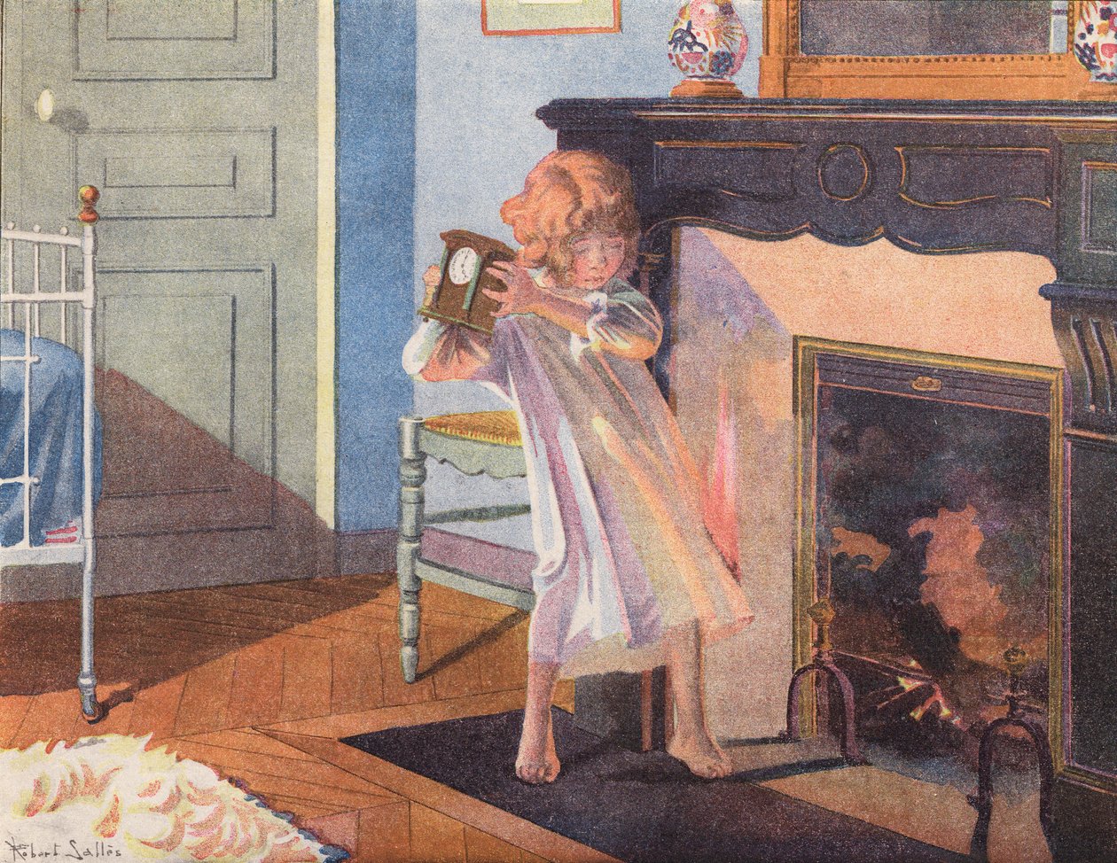 Niña sosteniendo un reloj junto a una chimenea (litografía en color) de Robert Salles