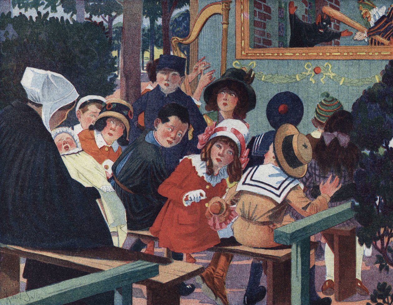 Espectáculo de marionetas: Niños en el teatro de guignol son molestados por un bebé llorando. Ilustración de Robert Salles (1871-1929) en “Yo sé Leer”. de Robert Salles