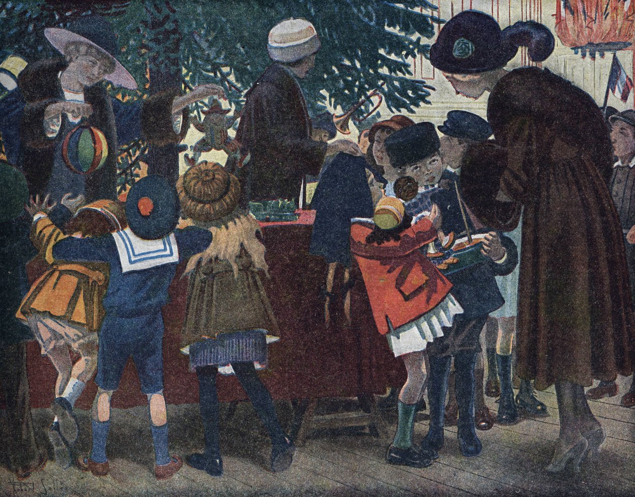 El árbol de Navidad de los loreneses alsacianos: niños de Alsacia y Lorena (Alsacia-Lorena) vienen a recoger sus regalos alrededor del árbol de Navidad ofrecido a la ciudad. Ilustración de Robert Salles (1871-1929) en “Yo sé Leer”. de Robert Salles
