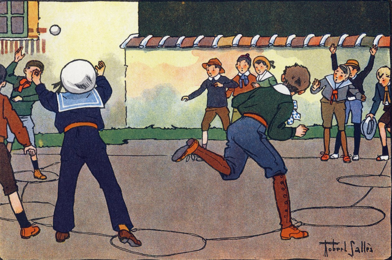 La bola en el campamento (o bola prisionera o bola cazadora). Grabado en "¿A qué jugamos?" de E. Weber con dibujos acuarelados de Robert Salles (1871-1929). Librería Garnier Freres, París. de Robert Salles