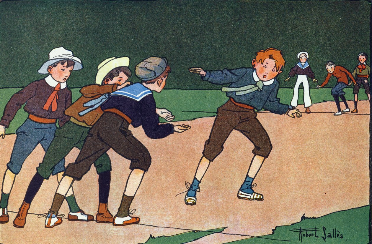 Las barras (juego de equipo, en el que uno debe ir discretamente al campamento contrario simbolizado por una línea en el suelo para hacer prisioneros). Grabado en "¿A qué jugamos?" de E. Weber con dibujos acuarelados de Robert Salles (1871-1929). Librairie de Robert Salles