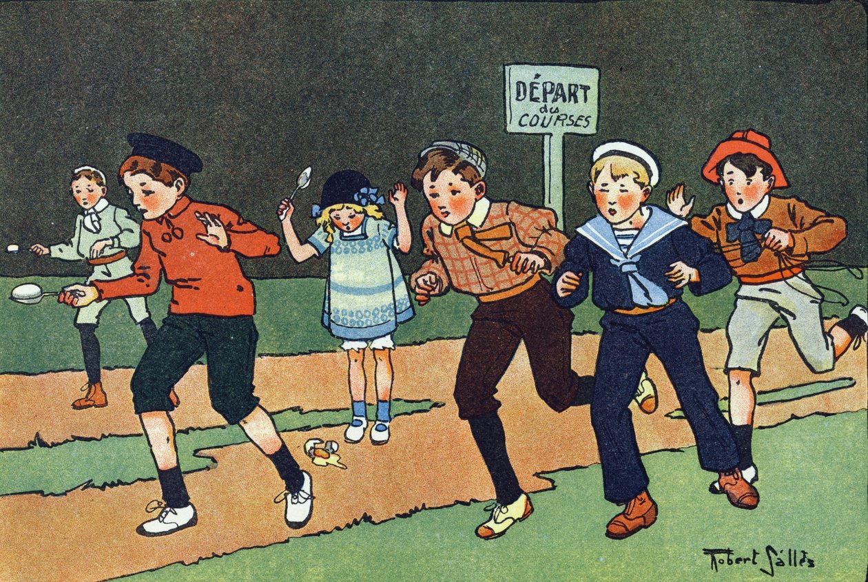 La carrera del huevo. Grabado en "¿A qué jugamos?" de E. Weber con dibujos acuarelados de Robert Salles (1871-1929). Librería Garnier Freres, París de Robert Salles
