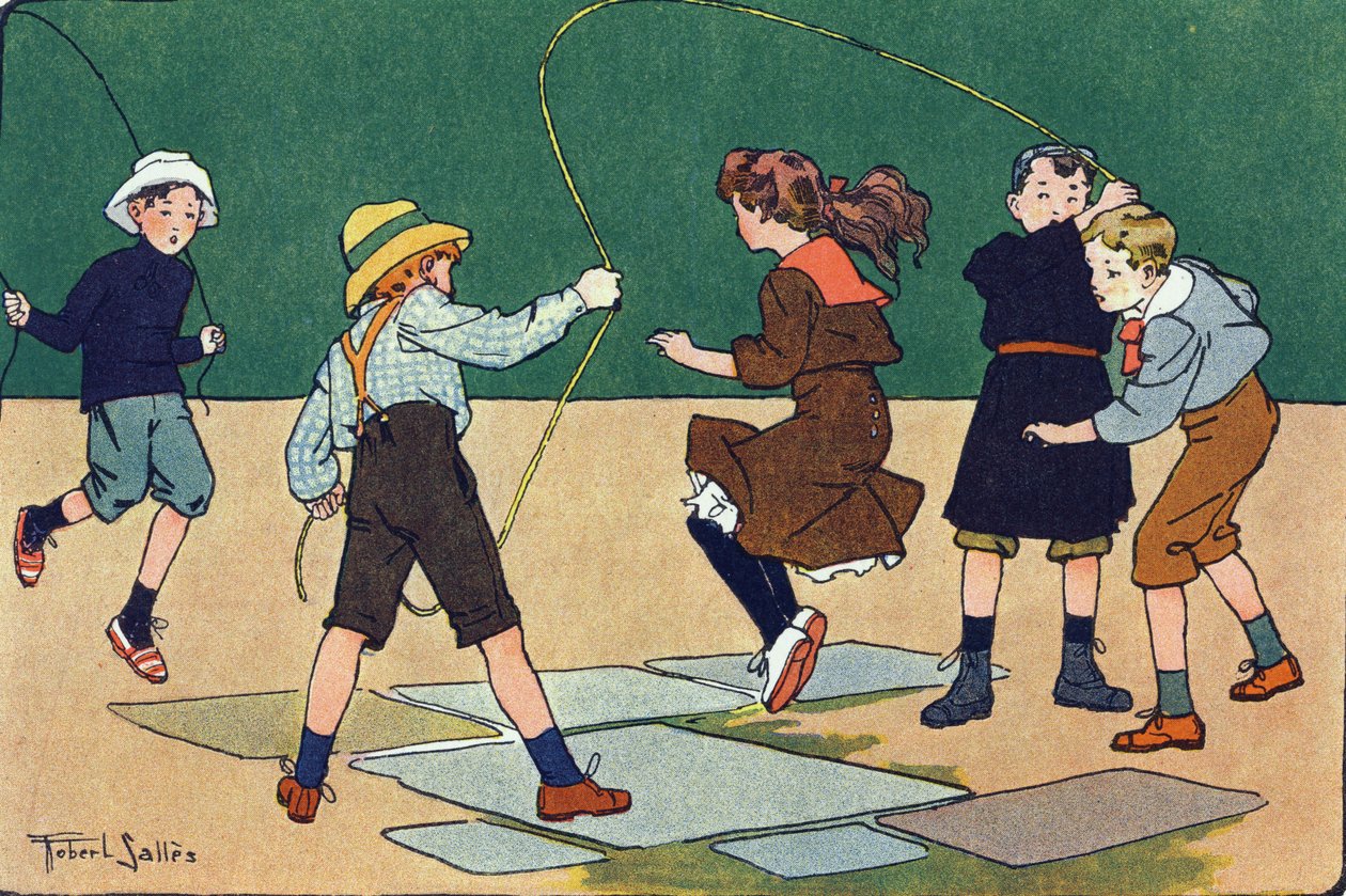 El salto de la cuerda. Grabado en "¿A qué jugamos?" de E. Weber con dibujos acuarelados de Robert Salles (1871-1929). Librairie Garnier Freres, París de Robert Salles