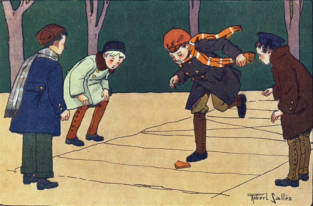 La rayuela. Grabado en "¿A qué jugamos?" de E. Weber con dibujos acuarelados de Robert Salles (1871-1929). Librería Garnier Freres, París de Robert Salles