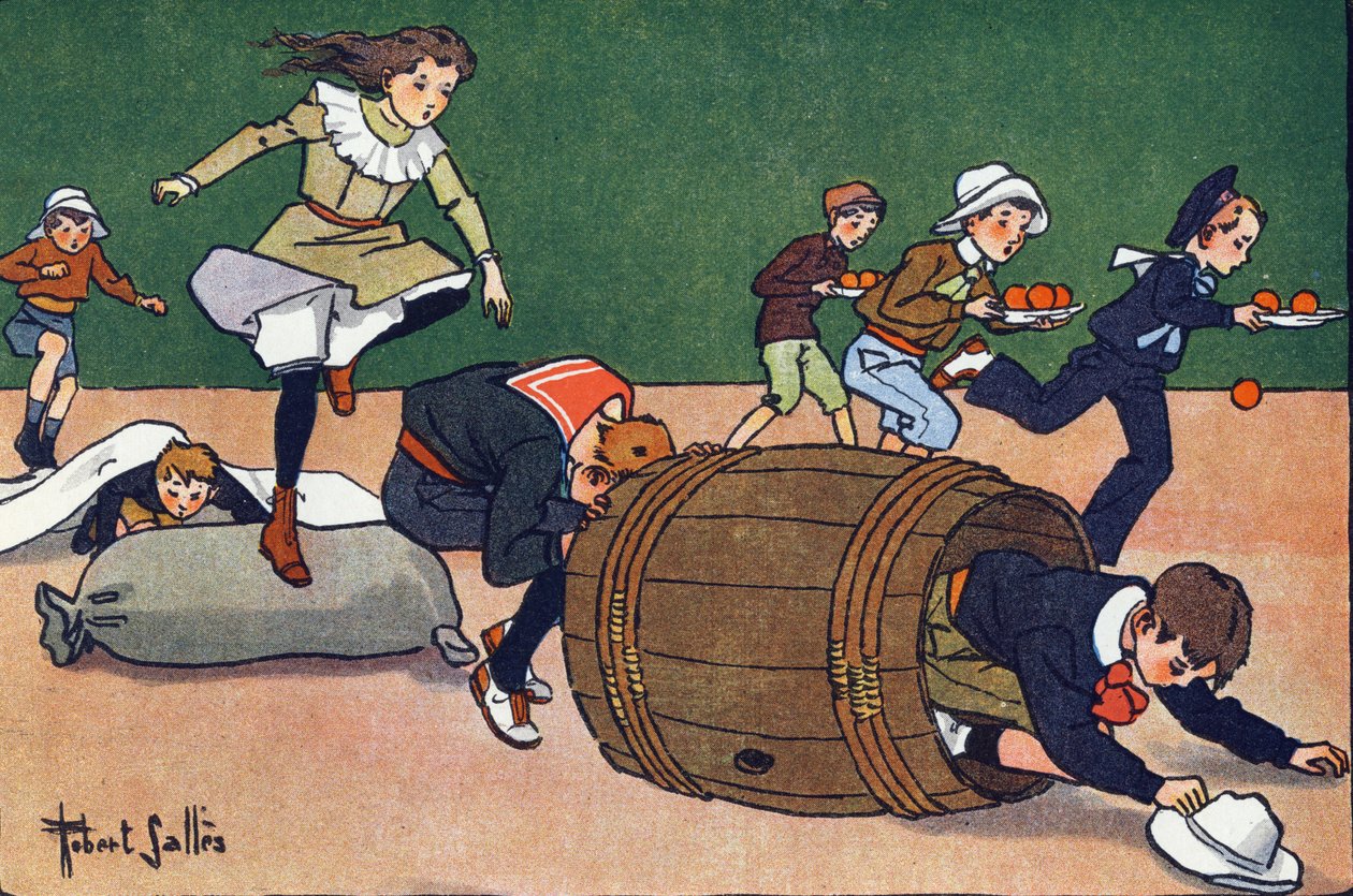 La carrera de obstáculos. Grabado en "¿A qué jugamos?" de E. Weber con dibujos acuarelados de Robert Salles (1871-1929). Librería Garnier Freres, París. de Robert Salles
