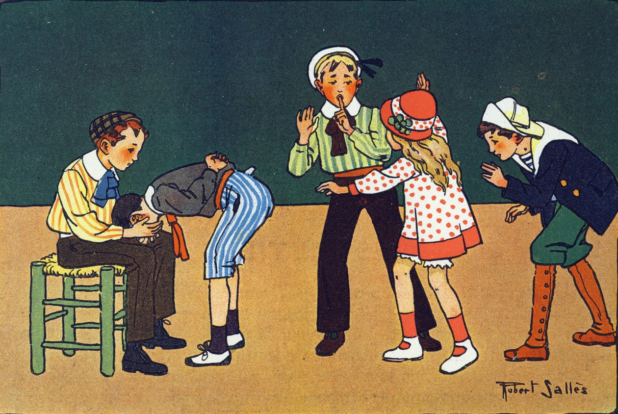 La mano caliente. Grabado en "¿A qué jugamos?" de E. Weber con dibujos acuarelados de Robert Salles (1871-1929). Librería Garnier Freres, París de Robert Salles