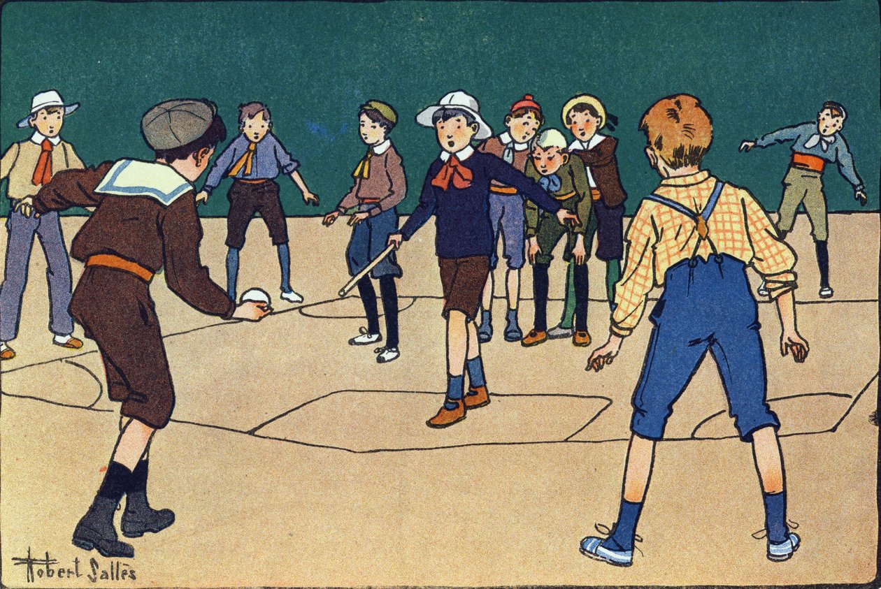 Theque (juego de equipo con pelota y palo). Grabado en "¿A qué jugamos?" de E. Weber con dibujos acuarelados de Robert Salles (1871-1929). Librairie Garnier Freres, París de Robert Salles