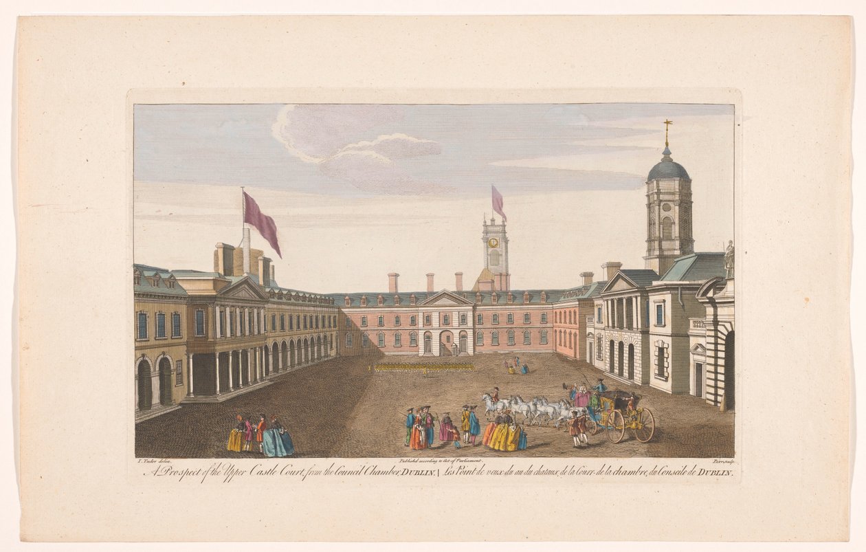 Gezicht op de Upper Castle Yard van Dublin Castle Una perspectiva de Upper Castle Court, de la Sala del Consejo, Dublín (título sobre el objeto) de Robert Sayer (possibly)