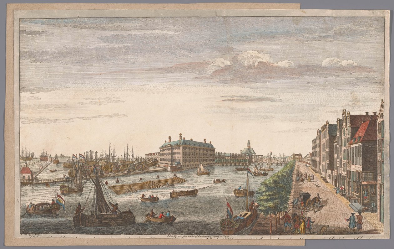 Gezicht op het Admiraliteitsmagazijn te Amsterdam Una vista del Almirantazgo en Ámsterdam, de los almacenes, muelles y dársenas que le pertenecen y a la Compañía de las Indias Orientales de Holanda (título sobre el objeto) de Robert Sayer (possibly)