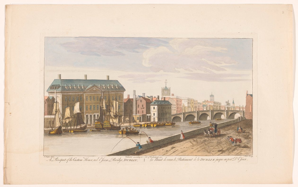 Vista de Custom House y Essex Bridge sobre el río Liffey en Dublín Una perspectiva de Custom House y Essex Bridge, Dublín (título sobre objeto) de Robert Sayer (possibly)
