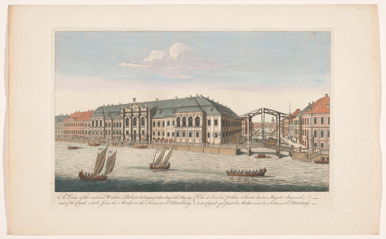 Vista del Palacio de Invierno y el canal entre los ríos Mojka y Neva en San Petersburgo Una vista del antiguo Palacio de Invierno perteneciente a su majestad imperial, y del canal que une el Moika con el Neva, en San Petersburgo (título en obje de Robert Sayer (possibly)