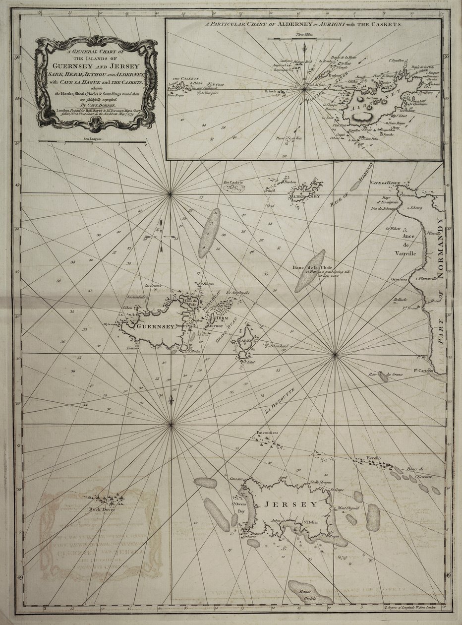 Carta general de las islas de Guernesey y Jersey, Sark, Herm, Jethou y Alderney, con el cabo de la Hague y los cofres. de Robert Sayer