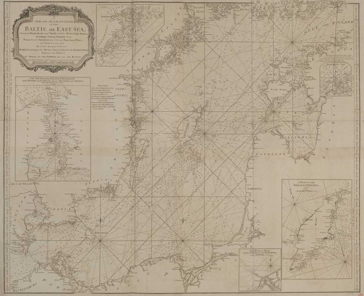 Una carta nueva y exacta del Mar Báltico o del Mar del Este que muestra las islas, rocas y bajíos con sus marcas, faros, sondas y canales de navegación. de Robert Sayer