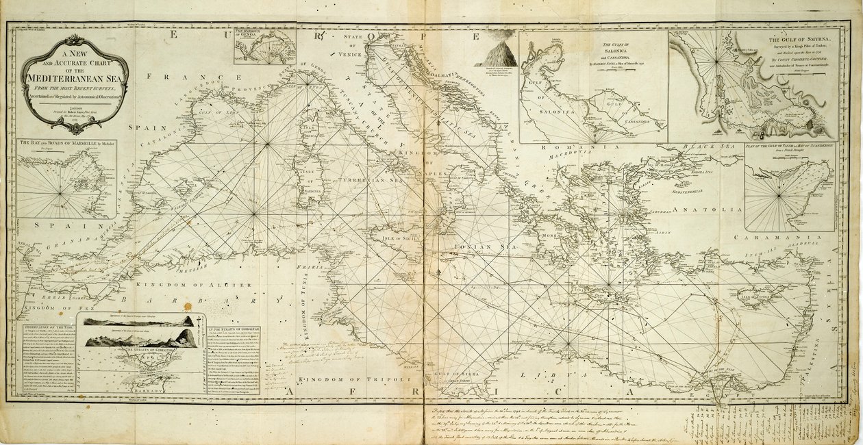 Carta nueva y exacta del mar Mediterráneo a partir de los levantamientos más recientes, determinada y regulada por observaciones astronómicas. de Robert Sayer