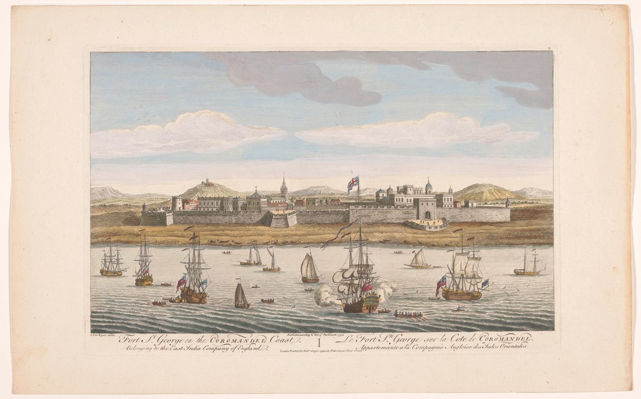 Vista del Fuerte San Jorge en Madrás Fuerte San Jorge en la costa de Coromandel. Perteneciente a la Compañía de las Indias Orientales de Inglaterra (título sobre el objeto) Asentamientos de la VOC (título de la serie) de Robert Sayer