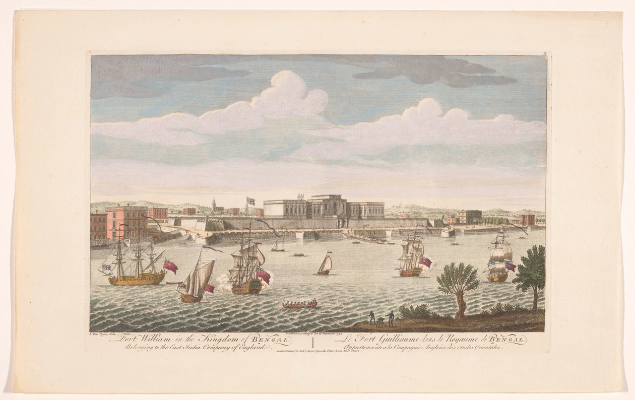 Vista de Fort William en Calcuta Fort William en el reino de Bengala. Perteneciente a la Compañía de las Indias Orientales de Inglaterra (título sobre el objeto) Asentamientos de la VOC (título de la serie) de Robert Sayer