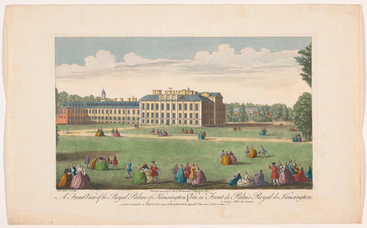 Vista del Palacio de Kensington en Londres Una vista frontal del Palacio Real de Kensington (título sobre objeto) Londres (título de la serie) de Robert Sayer