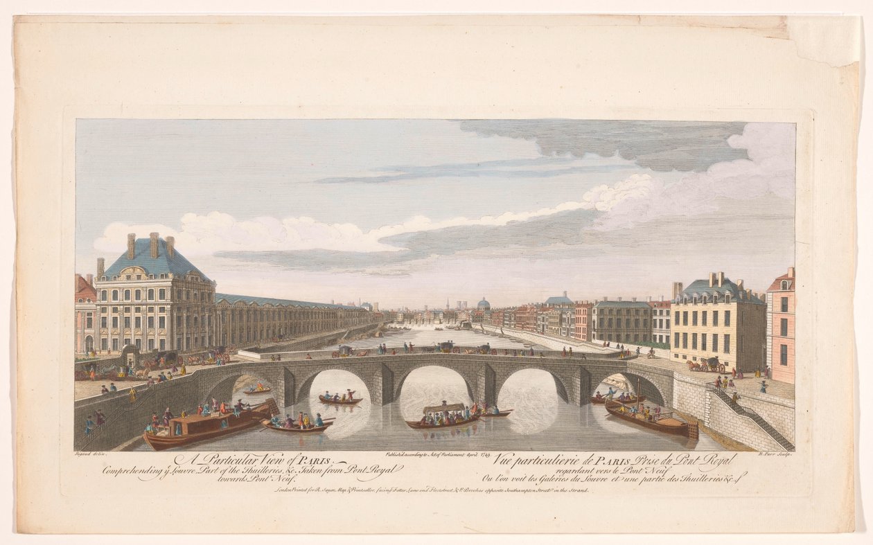 Vista del Pont Royal sobre el río Sena en París, mirando hacia el Pont Neuf Una vista particular de París que comprende el Louvre, parte de las Thuilleries, etc. tomado de Pont Royal hacia Pont Neuf (título sobre objeto) París (título de la serie) de Robert Sayer