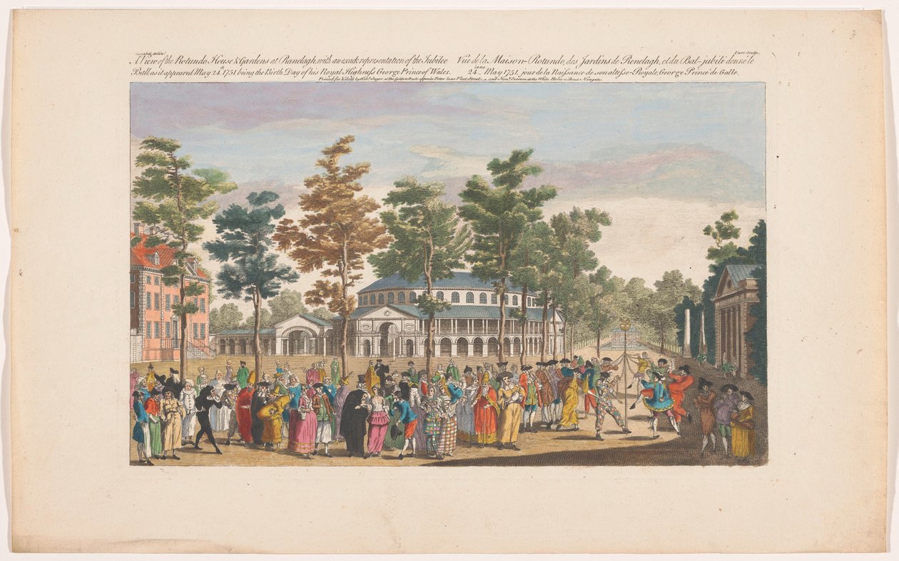Vista de la rotonda en Ranelagh Gardens en Londres con un baile de máscaras con motivo del cumpleaños del Príncipe de Gales el 24 de mayo de 1751 Una vista de Rotundo, House & Gardens en Ranelagh, con una representación exacta de la bola de jubileo, ya que de Robert Sayer