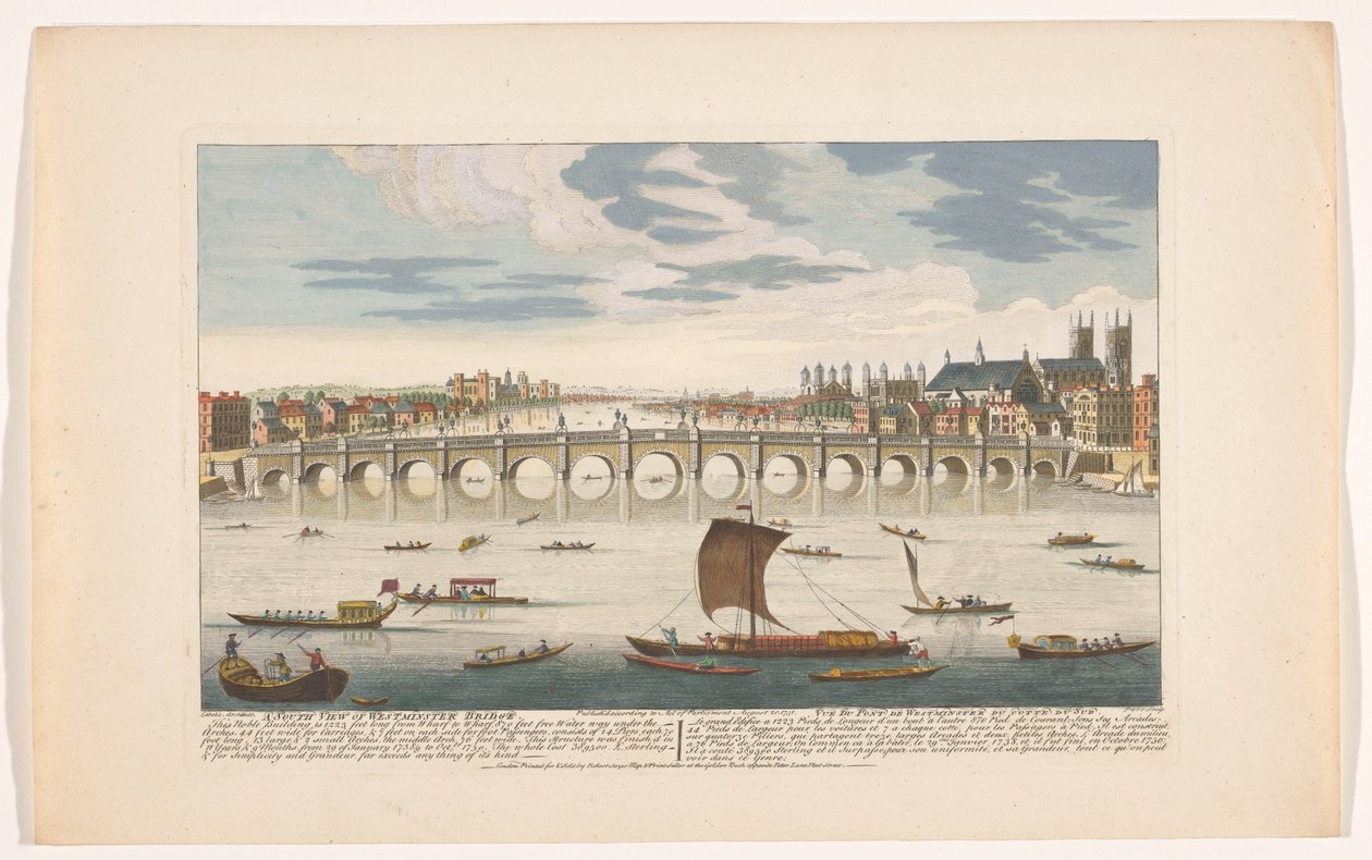 Vista del puente de Westminster sobre el río Támesis en Londres, visto desde el norte Una vista sur del puente de Westminster (título sobre el objeto) de Robert Sayer