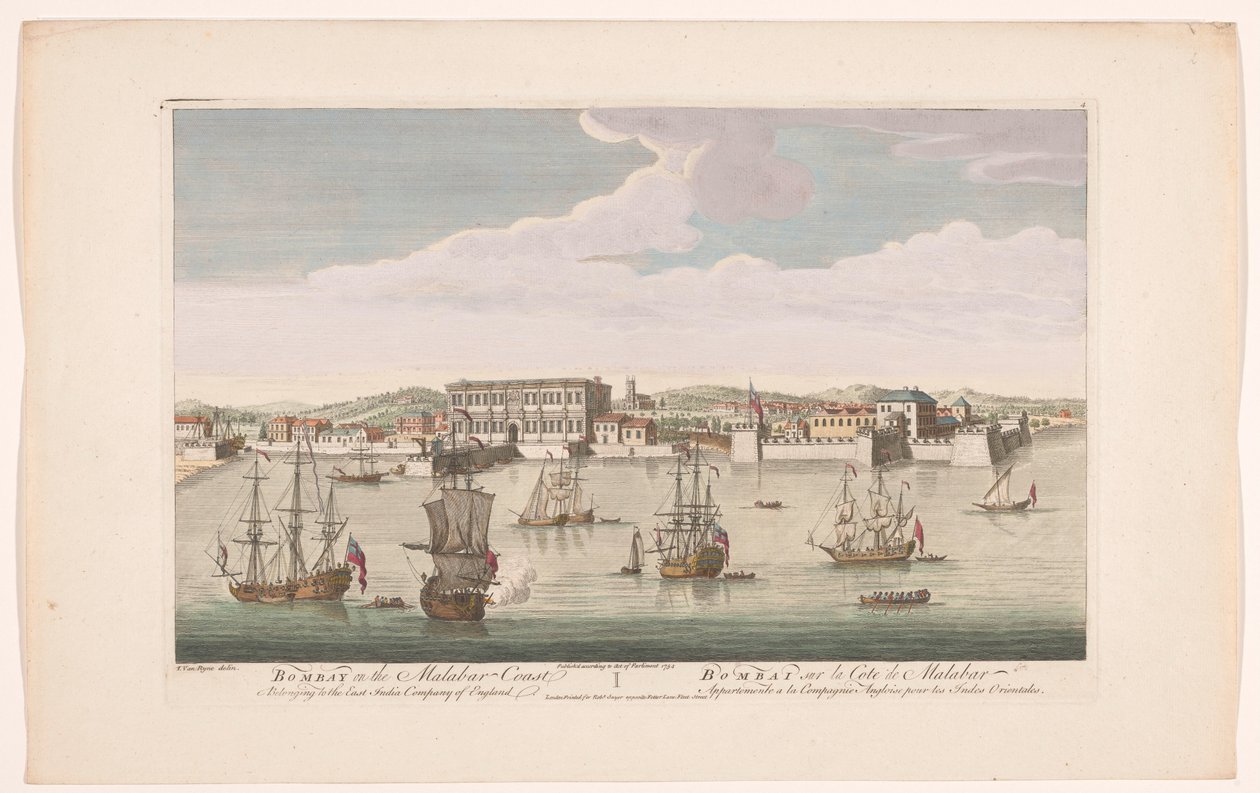 Vista de la ciudad de Bombay Bombay en la costa de Malabar perteneciente a la Compañía de las Indias Orientales de Inglaterra (título sobre el objeto) Asentamientos de la VOC (título de la serie) de Robert Sayer