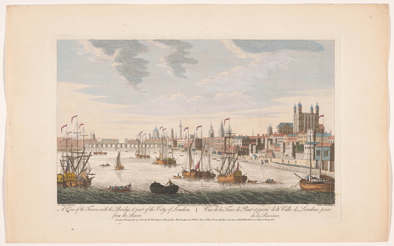 Vista de la ciudad de Londres desde el río Támesis Una vista de la Torre, con el Puente y parte de la ciudad de Londres. Desde el río (título sobre el objeto) Londres (título de la serie) de Robert Sayer
