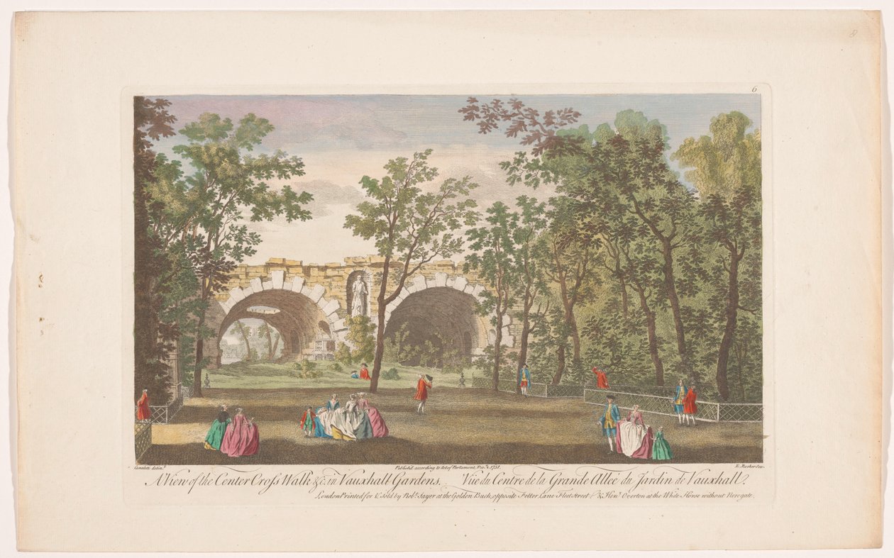 Vista de una avenida en Vauxhall Gardens en Londres Una vista del cruce peatonal central &c. en Vauxhall Gardens (título sobre el objeto) Ranelagh Gardens y Vauxhall Gardens (título de la serie) de Robert Sayer