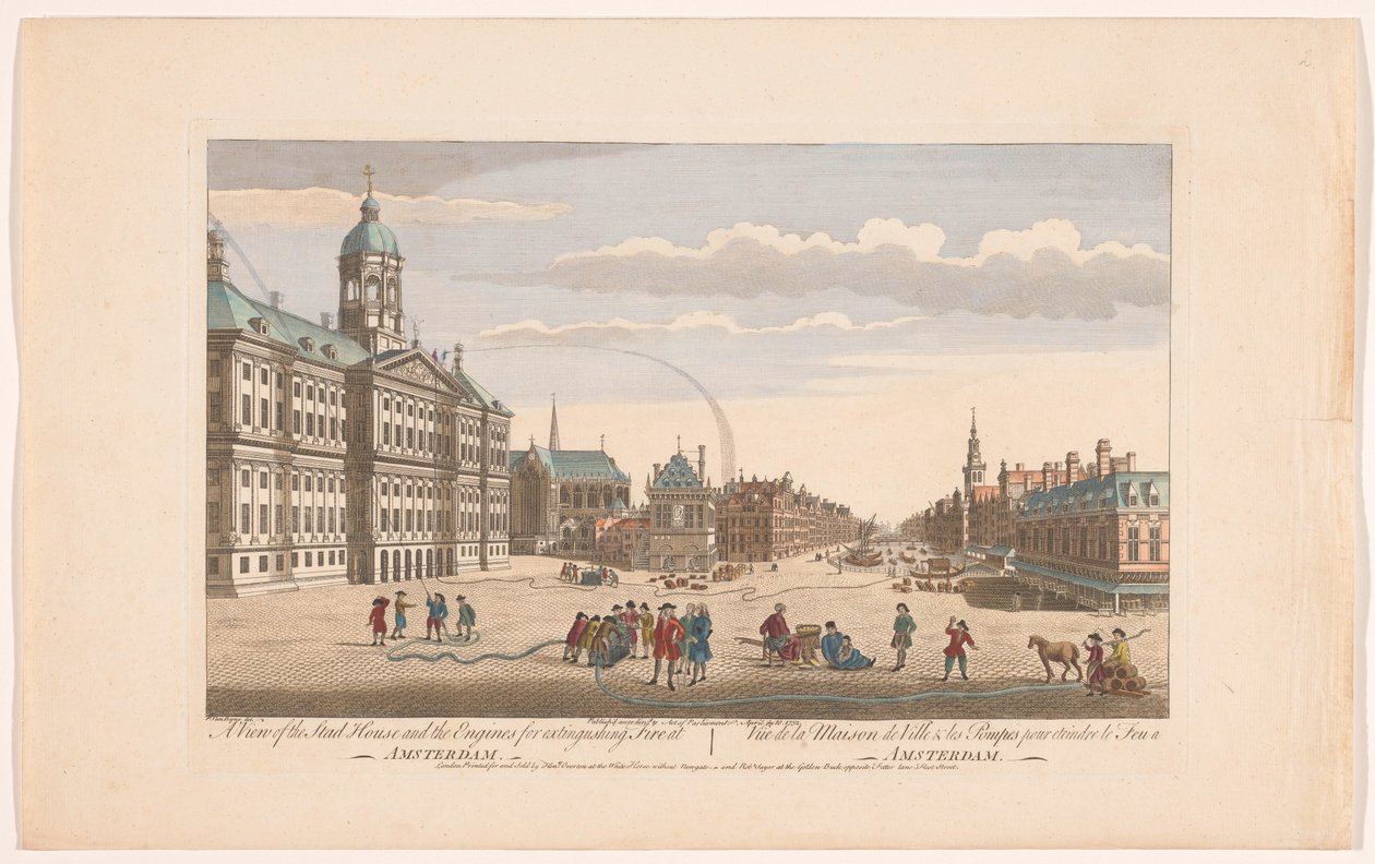 Vista del Ayuntamiento de Ámsterdam con los bomberos en la Plaza Dam Una vista de Stad House y los motores para extinguir incendios en Amsterdam (título sobre objeto) Holanda (título de la serie) de Robert Sayer