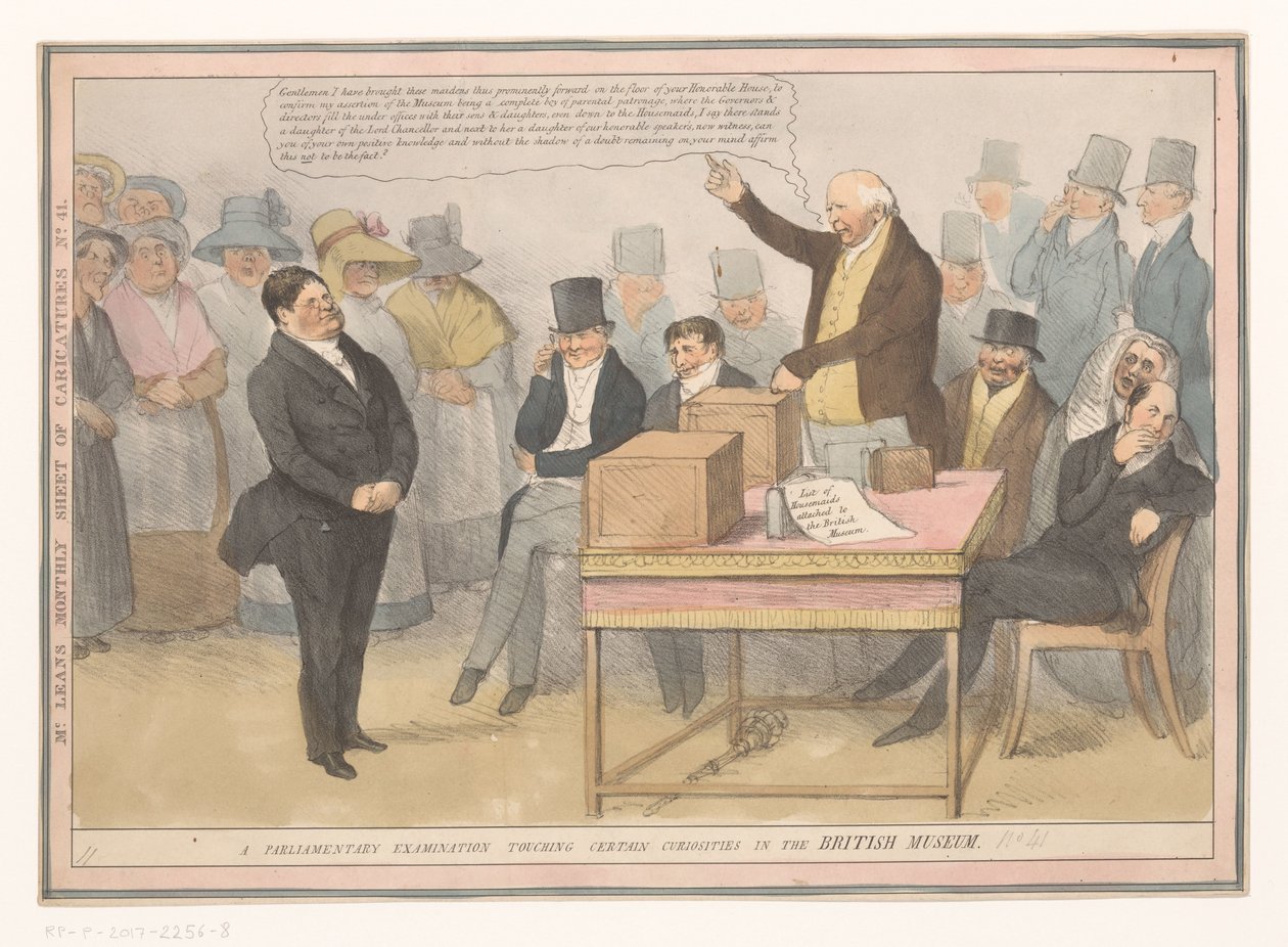 Spotprent sobre el Museo Británico Un examen parlamentario sobre ciertas curiosidades en el Museo Británico (título sobre el objeto) Hoja mensual de caricaturas No. 41. (título sobre objeto) de Robert Seymour (possibly)