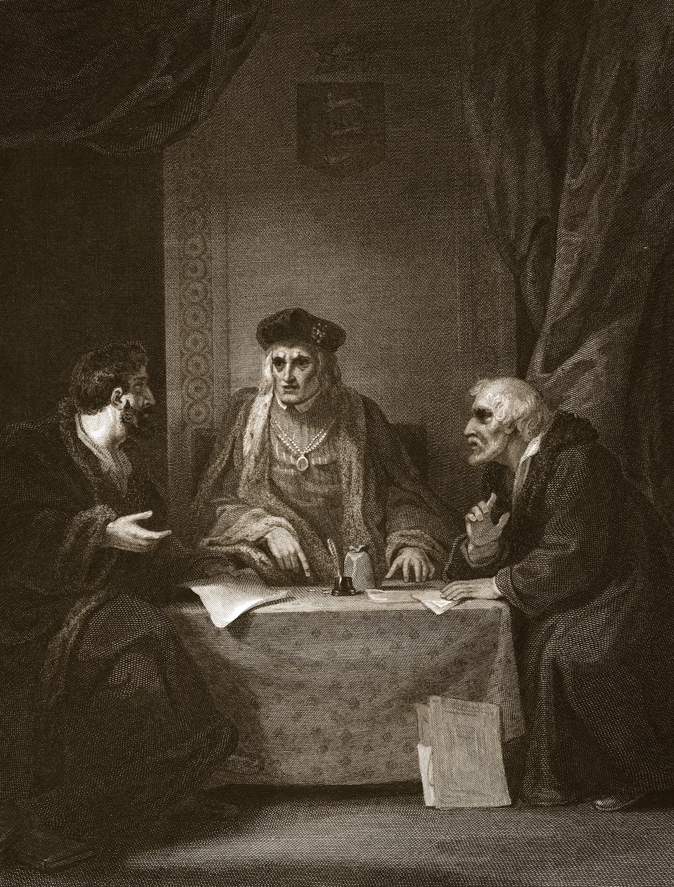 Enrique VII con Empson y Dudley, grabado por Worthington, ilustración de 