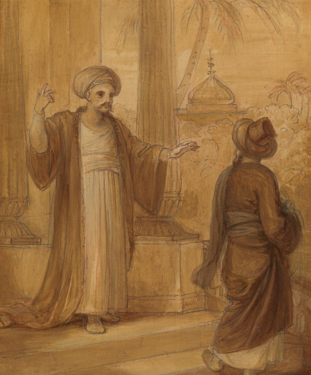 Ilustración para un romance oriental, posiblemente "Las mil y una noches", con dos figuras masculinas de pie. de Robert Smirke