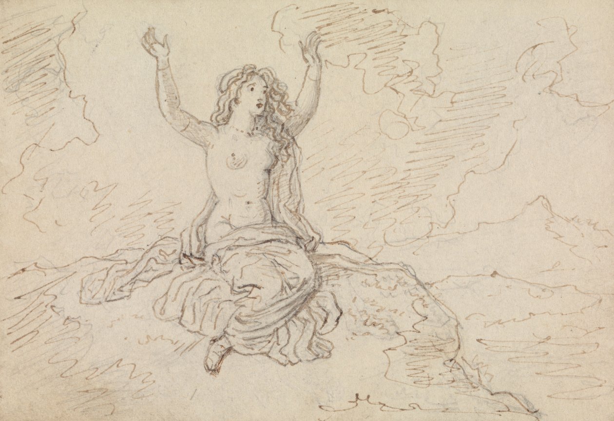 Estudio de una mujer semidesnuda, sentada, con los brazos levantados sobre la cabeza de Robert Smirke
