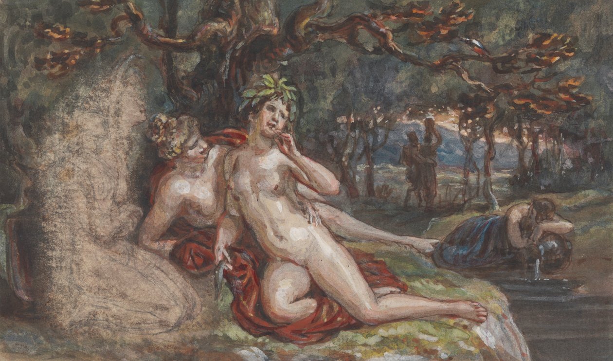 Escena boscosa con una pareja tumbada bajo un árbol, junto a un arroyo de Robert Smirke