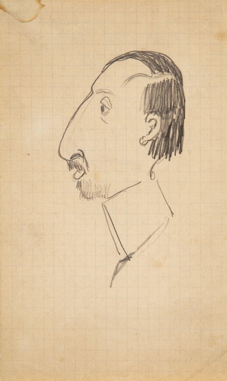 Caricatura de Karl Isakson, perfil hacia la izquierda de Robert Storm Petersen
