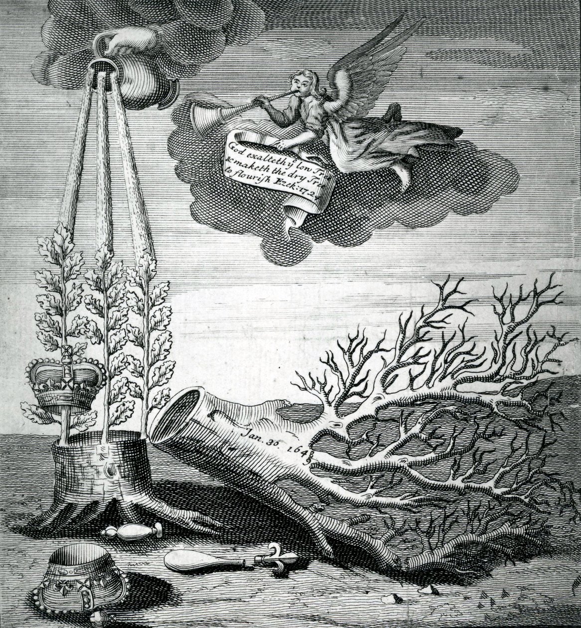 Impresión emblemática referente a la ejecución de Carlos I y la sucesión de los Estuardo, 1715 de Robert Vaughan