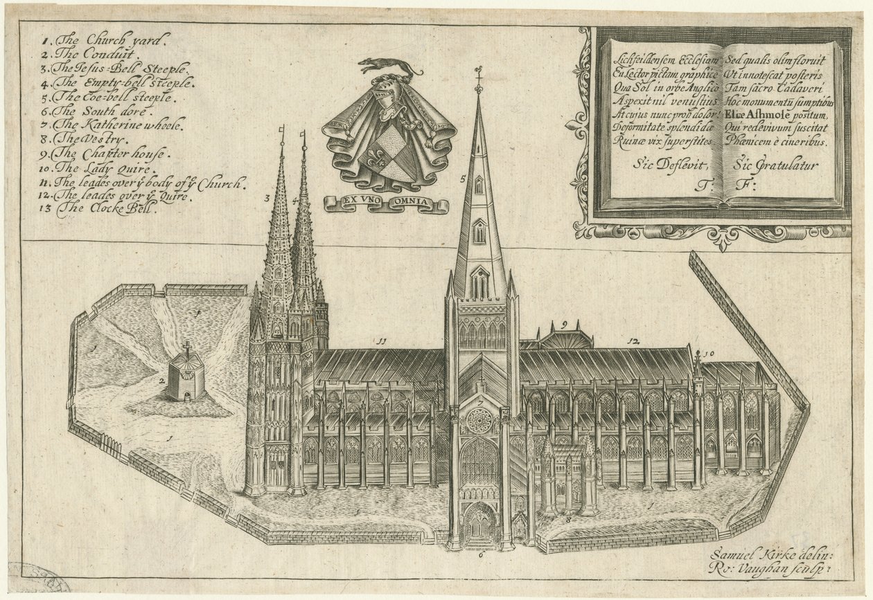 Catedral de Lichfield - Vista Sur: grabado en placa de cobre, s.f. [siglo XVII] de Robert Vaughan