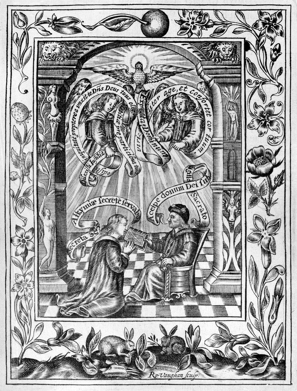 Thomas Norton presentando su Ordinall a Eduardo IV de Theatrum Chemicum Britannicum, 1652 de Robert Vaughan