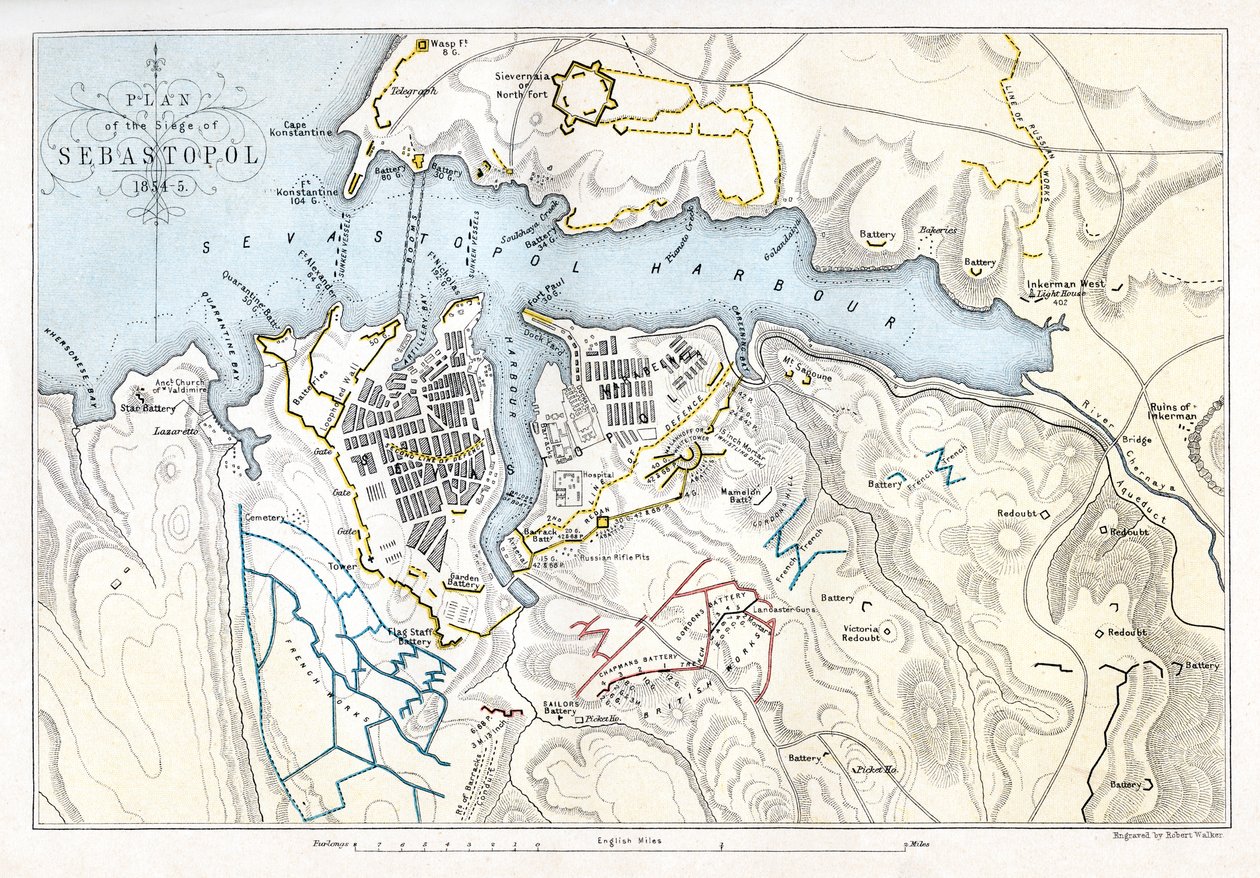 Mapa que muestra el Sitio de Sebastopol, Guerra de Crimea, 1854-1855, 1893 de Robert Walker