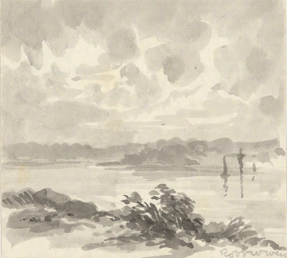 Paisaje - Vista de un lago y colinas de Robert Walter Weir