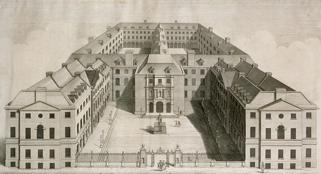 Vista aérea del Hospital de Guy, Southwark, con figuras en el patio, grabado por William Henry Toms, c.1756 de Robert West