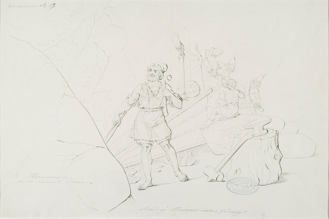Ilmarinen takoo sampoa ; Originaalipiirustus piirrossarjaan "Kalewala, poema nacional finlandés, presentado en dibujos R.W.Ekman" de Robert Wilhelm Ekman