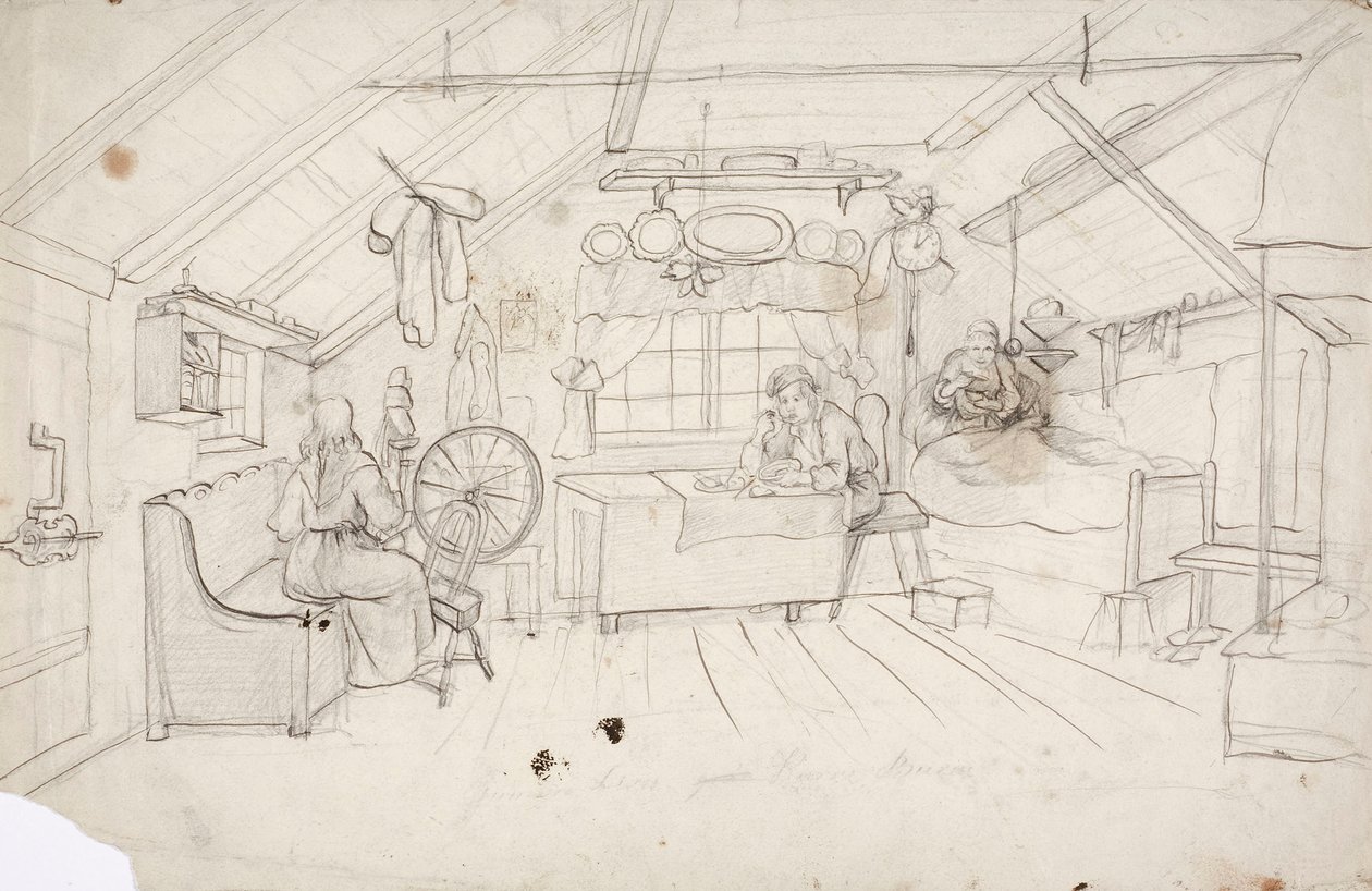 Un interior con tres personas: una en la cama tomando café, otra en la mesa comiendo gachas y otra junto al centeno. de Robert Wilhelm Ekman