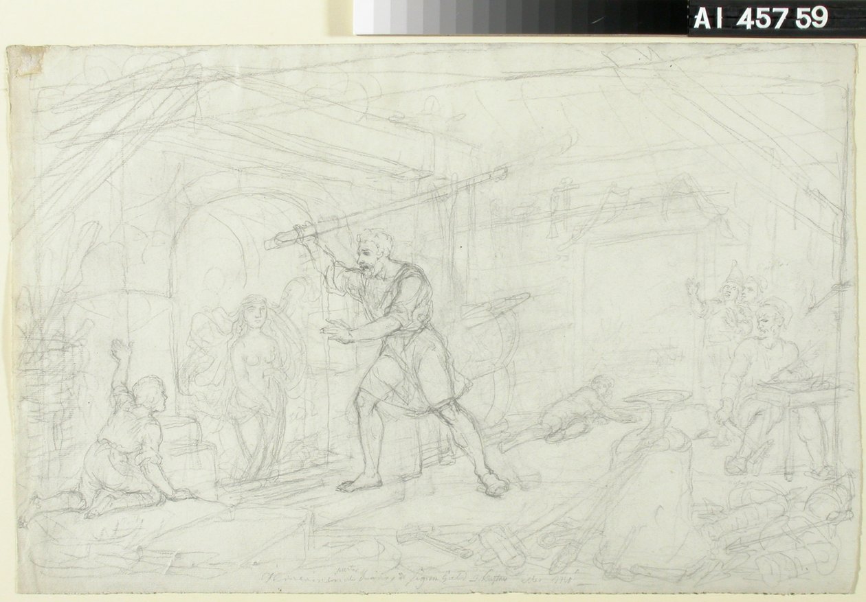 Orfebrería, boceto para una serie de dibujos animados sobre el tema del Kalevala ; Ensayo para el personaje Ilmarinen en la poule delantera (trabajo a doble cara) de Robert Wilhelm Ekman